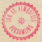 Johan Axel Almquist's Boksamling, Stockholm, Sweden (inkstamp, 21mm dia.).