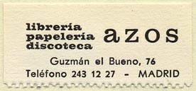 Azos, Librer�a - Papeler�a - Discoteca, Madrid, Spain (44mm x 20mm). Courtesy of Donald Francis.