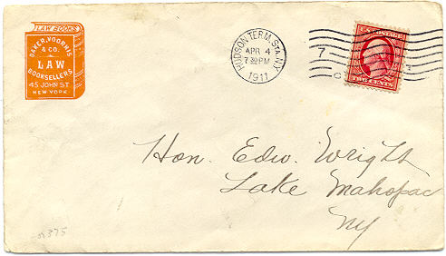 Baker, Voorhis & Co., Law Booksellers, New York (26mm x 31mm imprint on envelope, ca.1911)