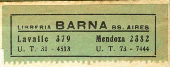 Libreria Barna, Buenos Aires, Argentina (57mm x 20mm, ca.1920s or 30s). Courtesy of R. Behra.