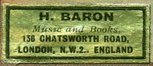 H. Baron, Music and Books, London, England (36mm x 15mm)