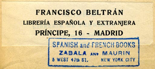 Francisco Beltran, Libreria Espanola y Extranjera, Madrid, Spain (84mm x 25mm, before 1923). Courtesy of R. Behra.