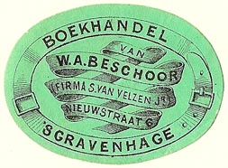 W.A. Beschoor, Boekhandel (Firma S. van Velzen, Jr.), The Hague, Netherlands (41mm x 30mm). Courtesy of S. Loreck.