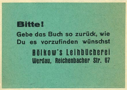 Bölkow's Leihbücherei, Werdau, Germany (72mm x 51mm, ca.1930s or 40s)