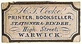 H.T. Cooke, Printer, Bookseller, Stationer & Binder, Warwick, England (26mm x 13mm)