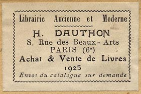 H. Dauthon, Librairie Ancienne et Moderne, Paris, France (45mm x 30mm, ca.1925)
