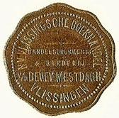 De Vey Mestdagh -- Vlissingsche Boekhandel, Handelsdrukkerij & Binderij, Vlissingen, Netherlands (27mm dia.). Courtesy of S. Loreck.