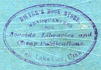 Dwyer's Book Store, Salt Lake City, Utah (inkstamp, 33mm x 22mm, ca.1880s?). Courtesy of R. Behra.