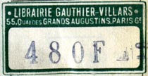 Librairie Gauthier-Villars, Paris, France (34mm x 18mm, ca.1944)