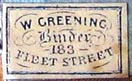 W. Greening, Binder, London, England (21mm x 12mm, ca.1880)