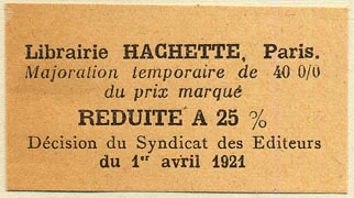 Librairie Hachette, Paris, France (52mm x 29mm, ca.1921). Courtesy of Donald Francis.