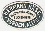 Hermann Häse, Buch-u.Papierhandlung/Buchbinderei, Verden/Aller, Germany (approx 24mm x 16mm, ca.1910)