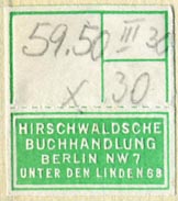 Hirschwaldsche Buchhandlung, Berlin, Germany (26mm x 30mm, with tear-off, ca.1928)