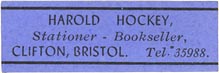 Harold Hockey, Stationer -- Bookseller, Bristol, England (approx 36mm x 12mm)