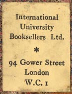 International University Booksellers Ltd., London, England (23mm x 30mm).
