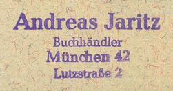 Andreas Jaritz, Buchh�ndler, Munich, Germany (inkstamp, 36mm x 16mm, ca.1961).
