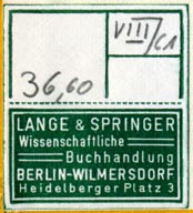Lange & Springer, Wissenschaftliche Buchhandlung, Berlin, Germany (28mm x 32mm, ca.1961)