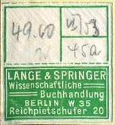Lange & Springer, Wissenschaftliche Buchhandlung, Berlin, Germany (27mm x 30mm, ca.1953)