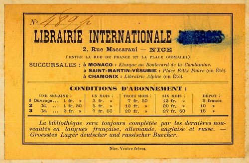 Librairie Internationale, Nice, France (124mm x 79mm, before 1910)