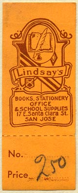 Lindsay's, Books, Stationery, Office & School Supplies, San Jose, California (25mm x 65mm, with tear-off)