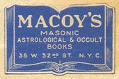 Macoy's, Masonic, Astrological & Occult Books, New York, NY (27mm x 18mm, ca.1940s).