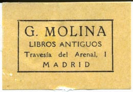 G. Molina, Libros Antiguos, Madrid (42mm x 29mm, ca.1968)
