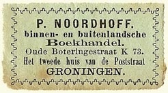 P. Noordhoff, binnen- en buitenlandsche Boekhandel, Groningen, Netherlands (41mm x 21mm). Courtesy of S. Loreck.