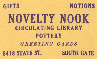 Novelty Nook, South Gate, California (inkstamp, 62mm x 35mm). Courtesy of Donald Francis.