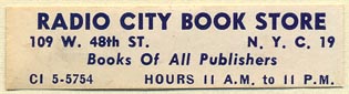 Radio City Book Store, New York, NY (51mm x 13mm). Courtesy of Donald Francis.