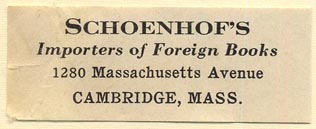 Schoenhof's Foreign Books, Cambridge, Massachusetts (51mm x 19mm). Courtesy of Donald Francis.