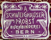 A. Schweighauser-Probst, Buchbinderei, Bern, Switzerland (27mm x 21mm). Courtesy of Robert Behra.