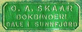 O.A. Skaar, Bokbinderi, Dale i Sunnfjord, Norway (27mm x 10mm, ca.1914).