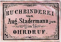 Buchbinderei von Aug. Stadermann, jun., Ohrdruf, Germany (34mm x 23mm, ca.1862). Courtesy of Michael Kunze.
