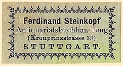 Ferdinand Steinkopf, Antiquaritsbuchhandlung, Stuttgart, Germany (40mm x 20mm). Courtesy of S. Loreck.
