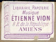 Étienne Vion, Librairie - Papeterie - Musique, Amiens, France (28mm x 21mm).