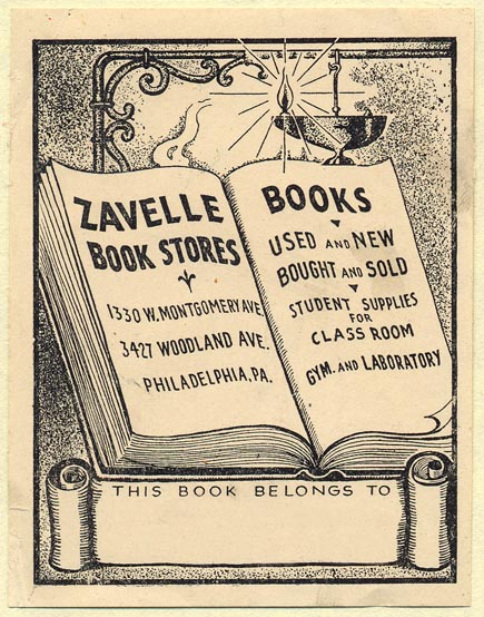 Zavelle Book Stores, Philadelphia, Pennsylvania (Bookplate, 70mm x 91mm). Courtesy of Donald Francis.