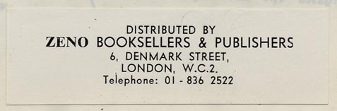Zeno Booksellers & Publishers, London, England (76mm x 23mm, ca.1960s).