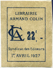 Librairie Armand Colin, Paris, France (30mm x 38mm, c.1928). Courtesy of Robert Behra.
