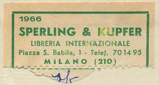 Sperling & Kupfer, Libreria Internazionale, Milan, Italy (50mm x 22mm, ca.1966).