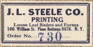 J.L. Steele Co., New York, NY (51 x 26 mm, c.1923). Courtesy of Robert Behra.