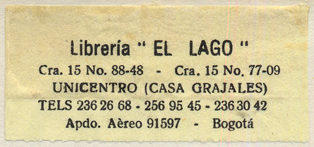 Librería 'El Lago', Bogota, Colombia (50mm x 23mm, c.1990).