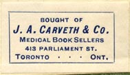 J.A. Carveth, Medical Book Seller, Toronto, Canada (32mm x 18mm)
