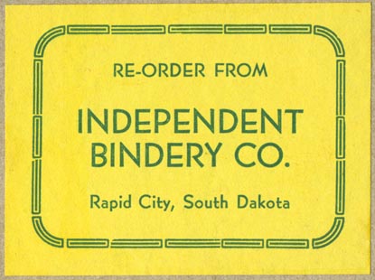 Independent Bindery Co, Rapid City, South Dakota (69mm x 51mm, ca.1954)