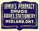 Irwin's Pharmacy, Drugs, Books, Stationery, Midland, Ontario, Canada (22mm x 17mm)
