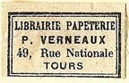P. Verneaux, Librairie, Papeterie, Tours, France (23mm x 14mm)