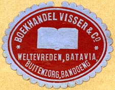 Boekhandel Visser & Co., Weltevreden [Batavia], Batavia (Jakarta), Buitenzorg (Bogor) & Bandoeng (Bandung), Indonesia (38mm x 30mm). Courtesy of R. Behra.