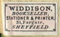Widdison, Bookseller, Stationer & Printer, Sheffield, England (18mm x 12mm, ca.1890s). Courtesy of Robert Behra.